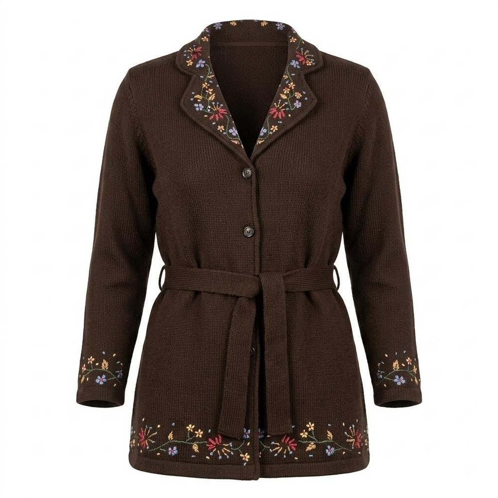 Jason Maxwell Floral Embroidered Brown Belted Cardigan Sweater XL Boho Style NWT